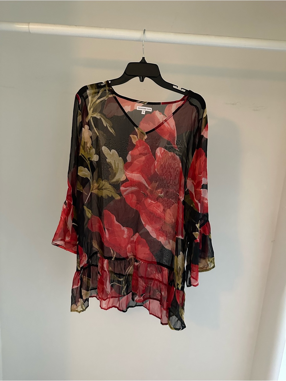 Sheer Floral V-Neck Blouse in Black and Red